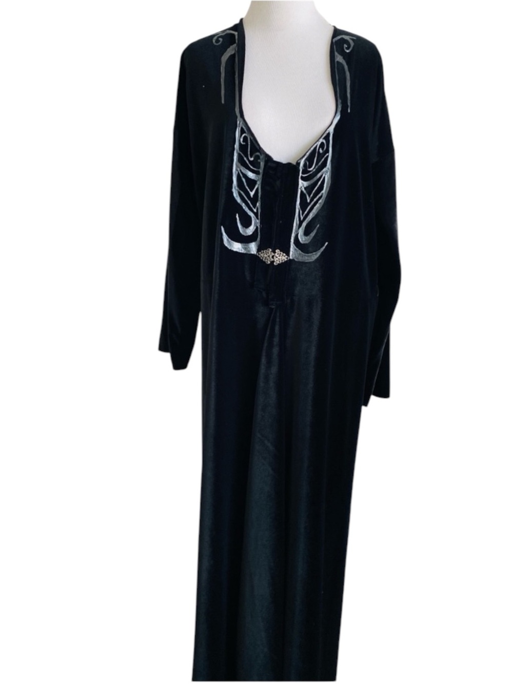 Black Velvet Long Coat Dress Gown Silver Trim Handmade REN Fair Whimsigoth XL